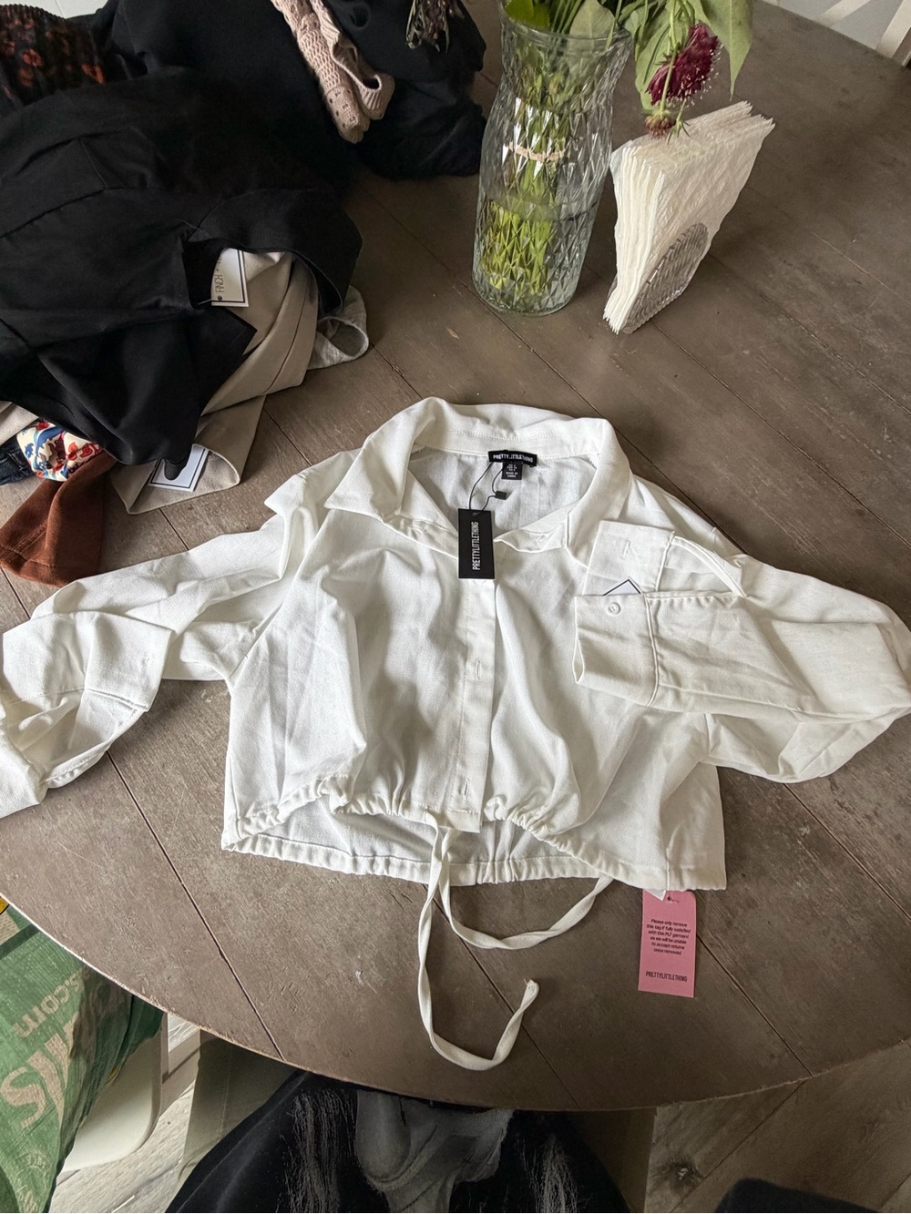PrettyLittleThing White Cropped Utility Jacket with Drawstring